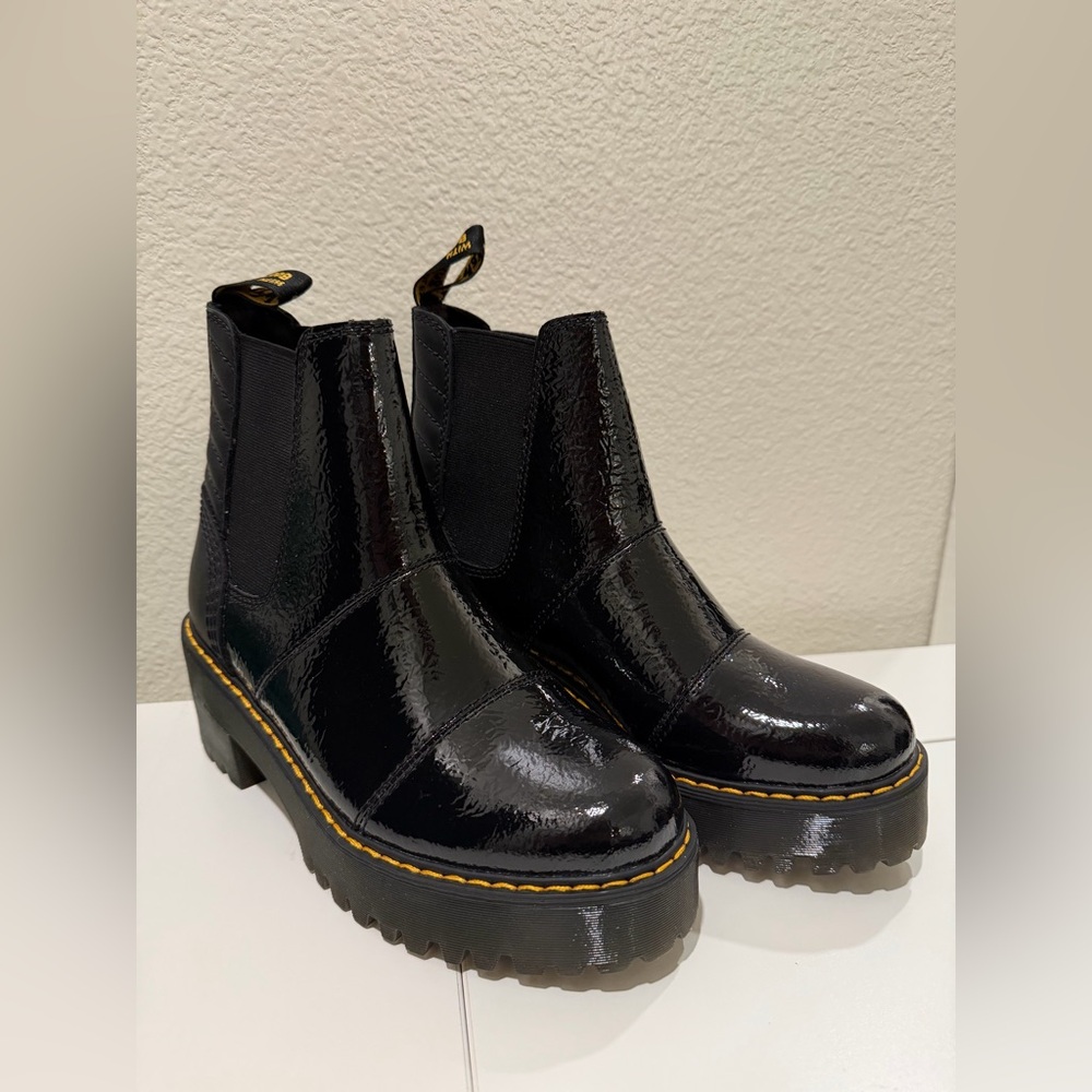 NEW Dr. Martens Rozalle Distressed Patent Shiny Black Ankle Boots